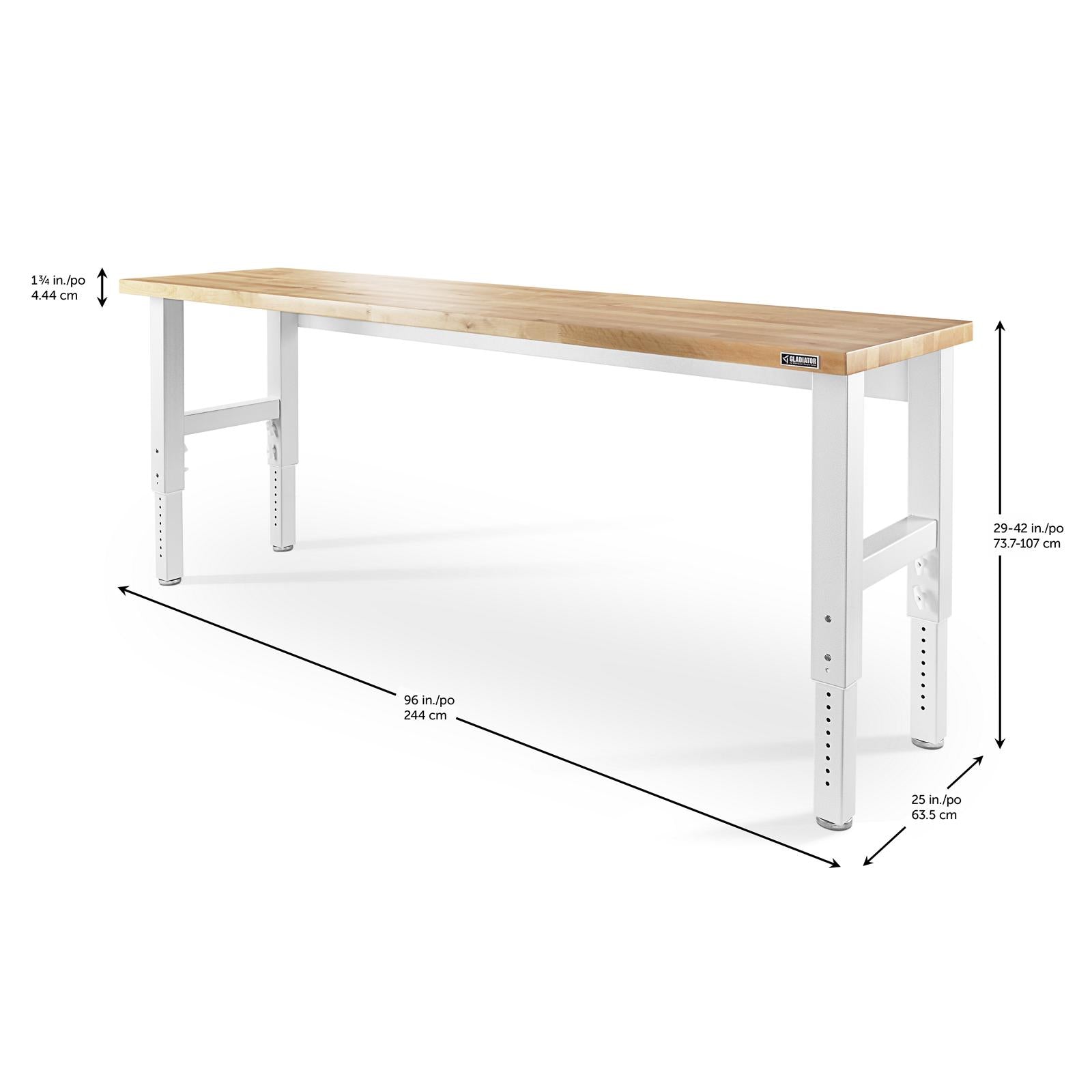 Gladiator Hammered White 8' Adjustable Height Hardwood Workbench - GAWB08HWGW