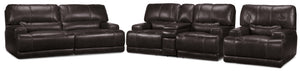 Dearborn Ens. Sofa, causeuse avec console et fauteuil inclinables électriques en cuir – mûre noire
