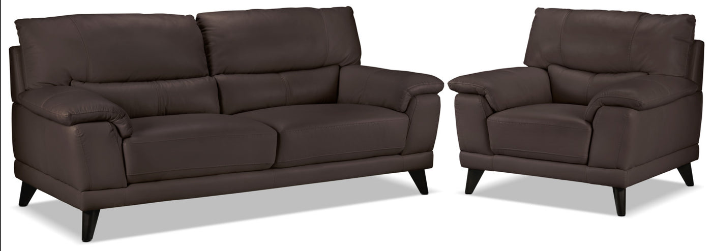 Braylon Leather Sofa and Chair Set - Dark Chocolate