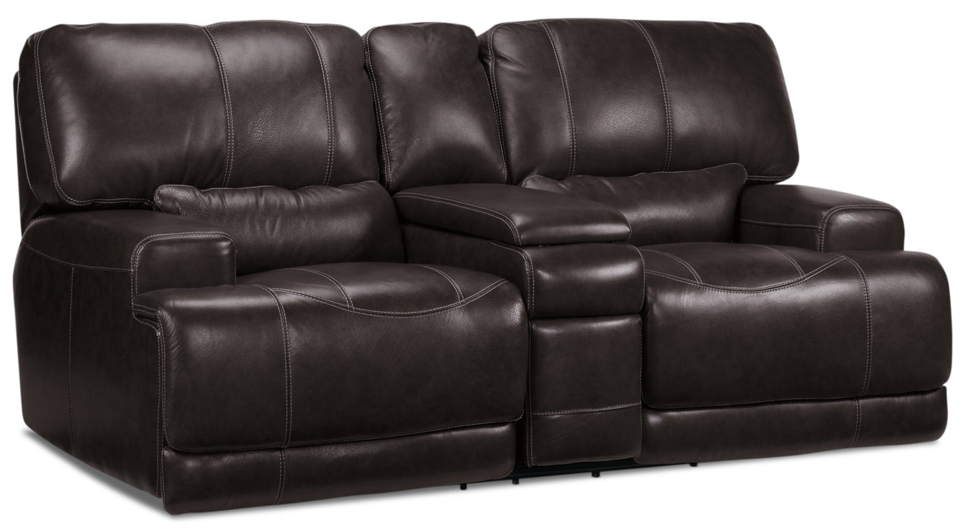 Dearborn Leather Power Reclining Sofa and Reclining Loveseat w/ Console Set - Blackberry