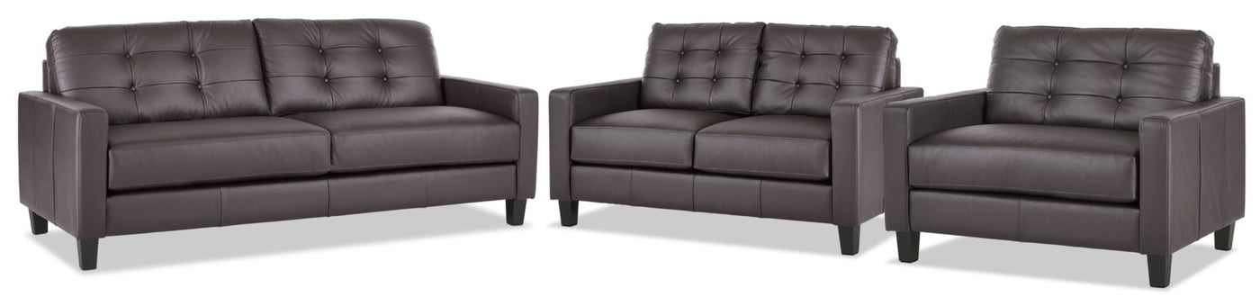 Kylie Leather Sofa, Loveseat and Chair and a Half Set - Coffee